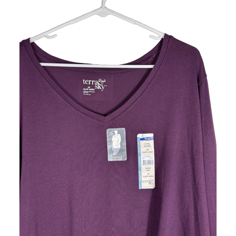 NWT Terra & Sky Womens Plus 3X Purple Pearl Long Sleeve V-Neck Super Soft Tee - Picture 2 of 7